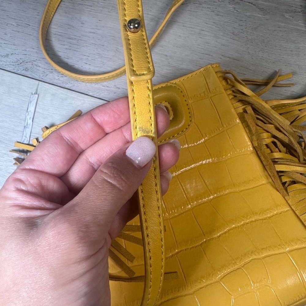 Maje mini embossed leather M bag cross body shoulder handbag yellow purse fringe - Picture 4 of 15